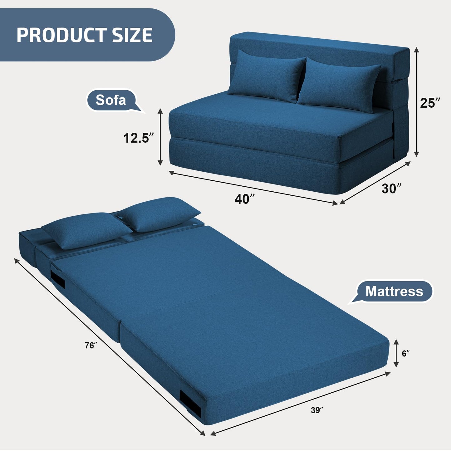 SUYOLS Folding Sofa Bed with Pillows- Convertible Chair Floor Couch & Sleeping Mattress, Foldable Memory Foam Sleeper for Living Room/Dorm/Guest Room/Home Office/Apartment/Loft, Twin, Navy Blue