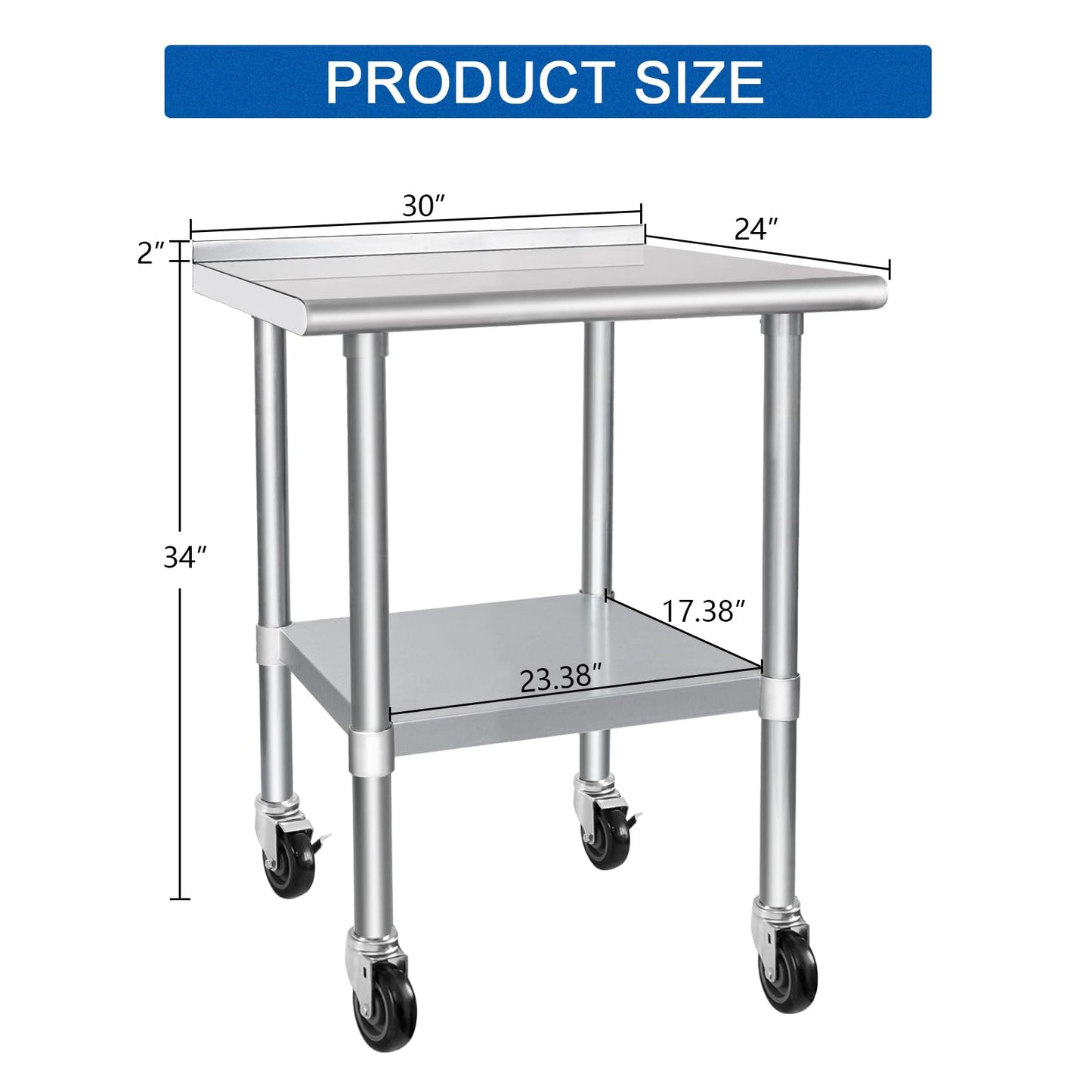 HARDURA Stainless Steel Table 24 x 30 Inches with Wheels Casters NSF Heavy Duty Commercial Prep Table with 2” Backsplash and Adjustable Undershelf for Restaurant Kitchen Home and Hotel
