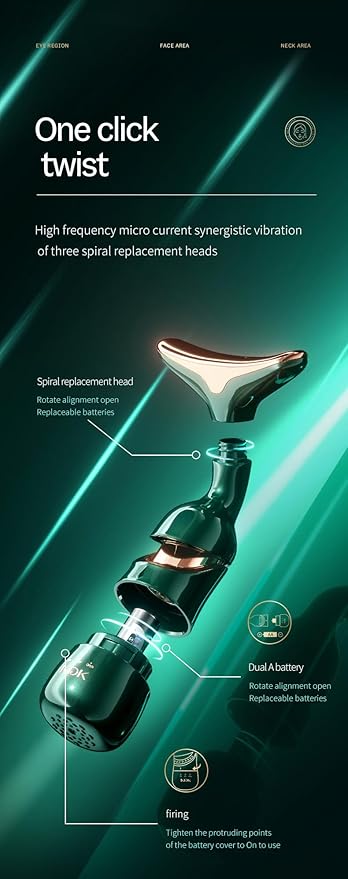 3 in 1 Face Massager - Multi Functional Vibration Massage Tool for Face, Neck & Eyes - Helps Relax Muscles - Support Skin Firmness & Daily Facial Care - Portable Beauty Device | Blackish Green