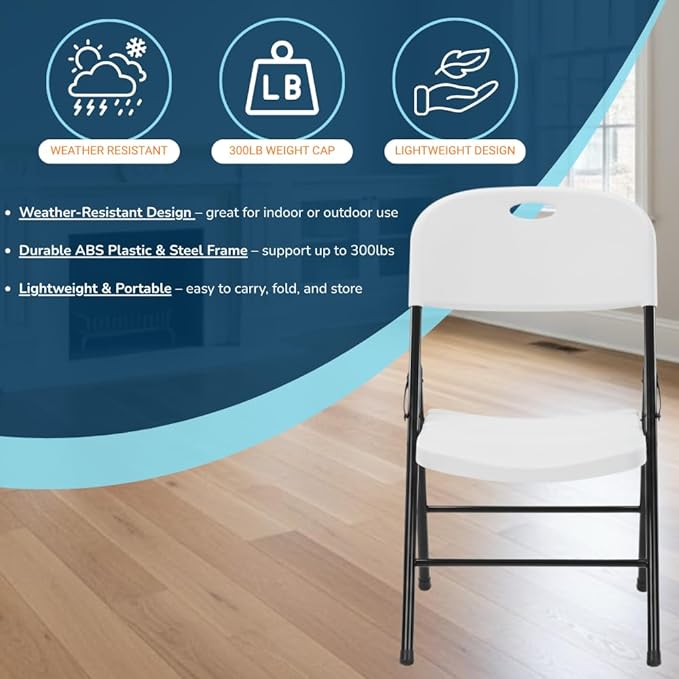 EZONE (4pcs Heavy Duty Plastic Foldable Chair for Adults, Portable Outdoor Seating for Wedding, Event, Party, Backyard, Patio, or Dining Use, Comfortable Stackable Design (White, 4 Pack)