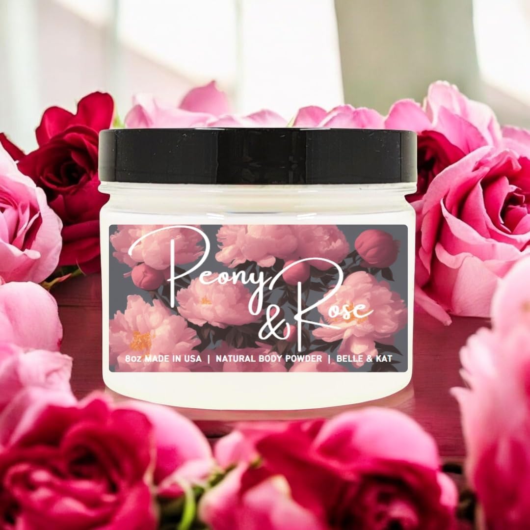 Body Powder for Men & Women Scented Peony & Rose, Bath Perfume Dusting Powder with Fragrance & Essential Oils, Talc Free 8oz Container, Made in USA