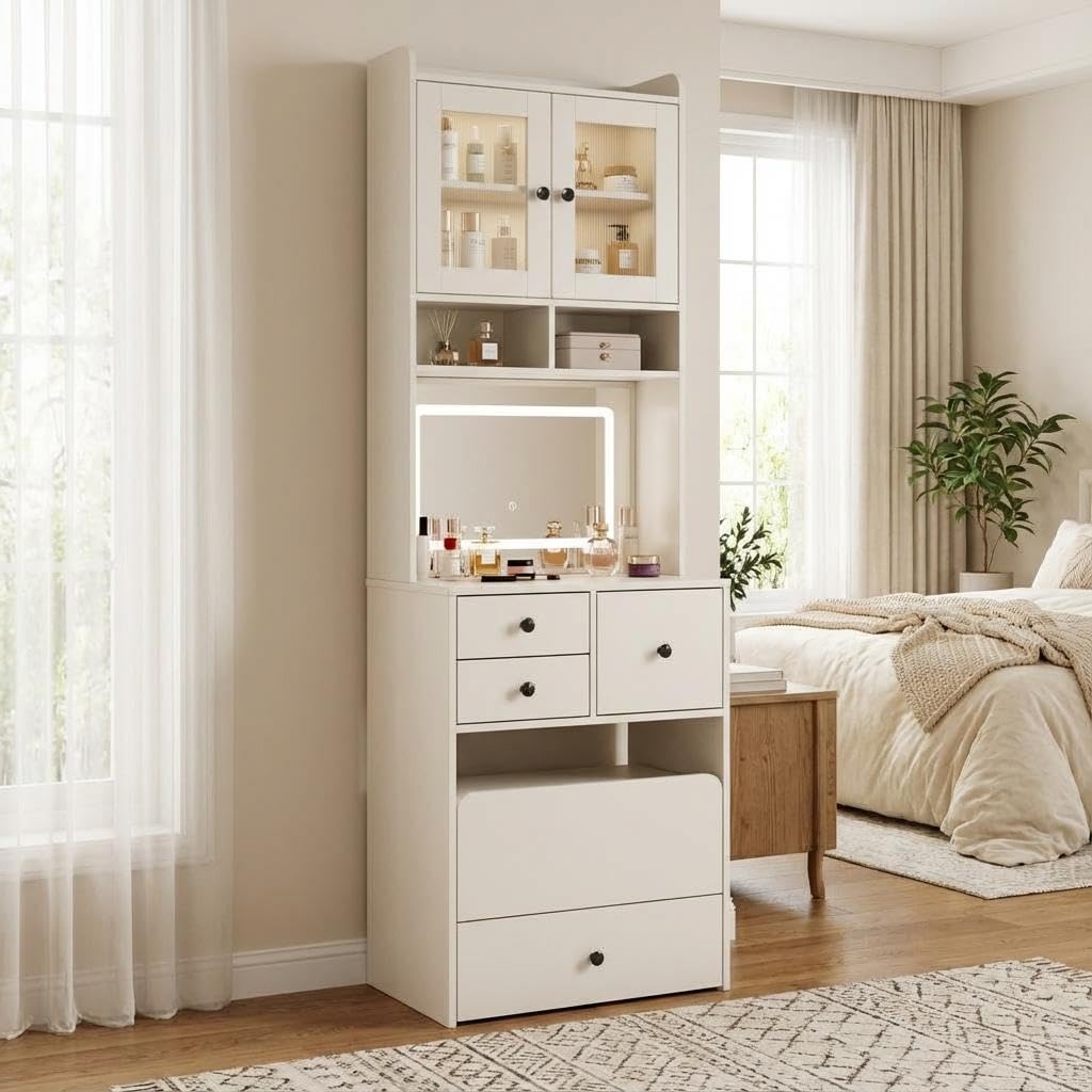3-in-1 Make Up Vanity Desk with Mirror & Lights, Compact Vanity Table with Drawers, Storage Compartment and Rolling Stool, Modern Small Makeup Vanity and Storage Chair for Bedroom, Powder Room