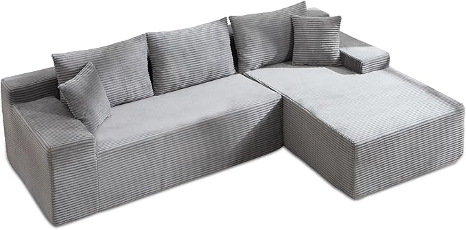 105’’ L-Shape Modular Sectional Sofa with Chaise, Convertible Cloud Couch, Corduroy Fabric & High-Density Memory Foam, No Assembly Required for Living Room (Grey, Right Facing Chaise)