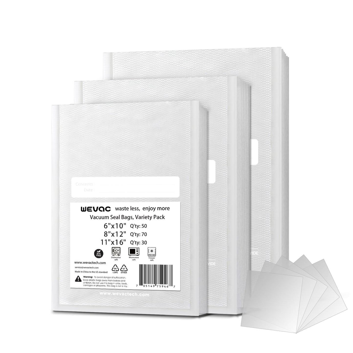 Wevac 6 x 10, 8 x 12 and 11 x 16, 150 Count, Vacuum Sealer Bags for Food Saver, Seal a Meal, Weston, Commercial Grade, BPA Free,