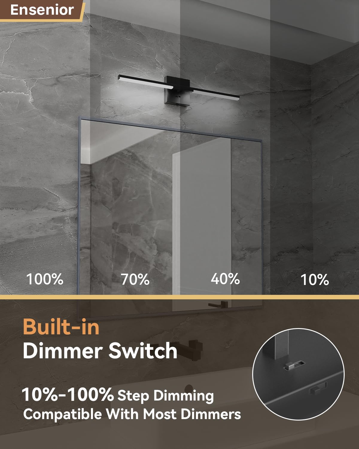 Ensenior Modern Vanity Light, Built-in Dimmer, 24 inch Led Light Fixture Over Mirror, Dimmable 5CCT, Black Bar Light Fixture for Mirror, Bedroom - FCC Certified