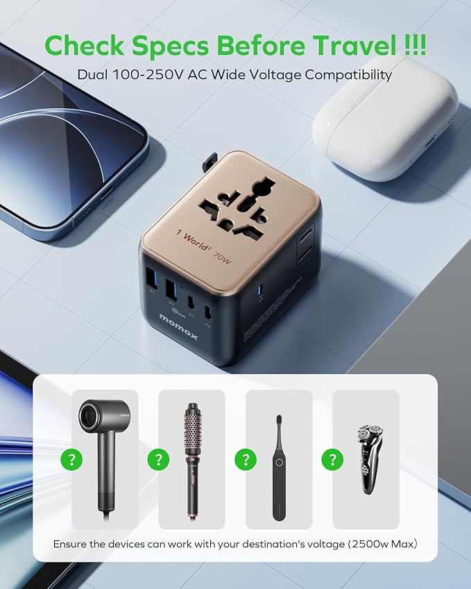 MOMAX Mini 7-in-1 Universal Travel Adapter, GaN 70W Dual AC, 3 USB-C PD & 2 USB-A QC, International Power Charger for 200+ Countries – Compact Travel Adapter for Laptop, Phone, UK/AUS/EU/JP Plug