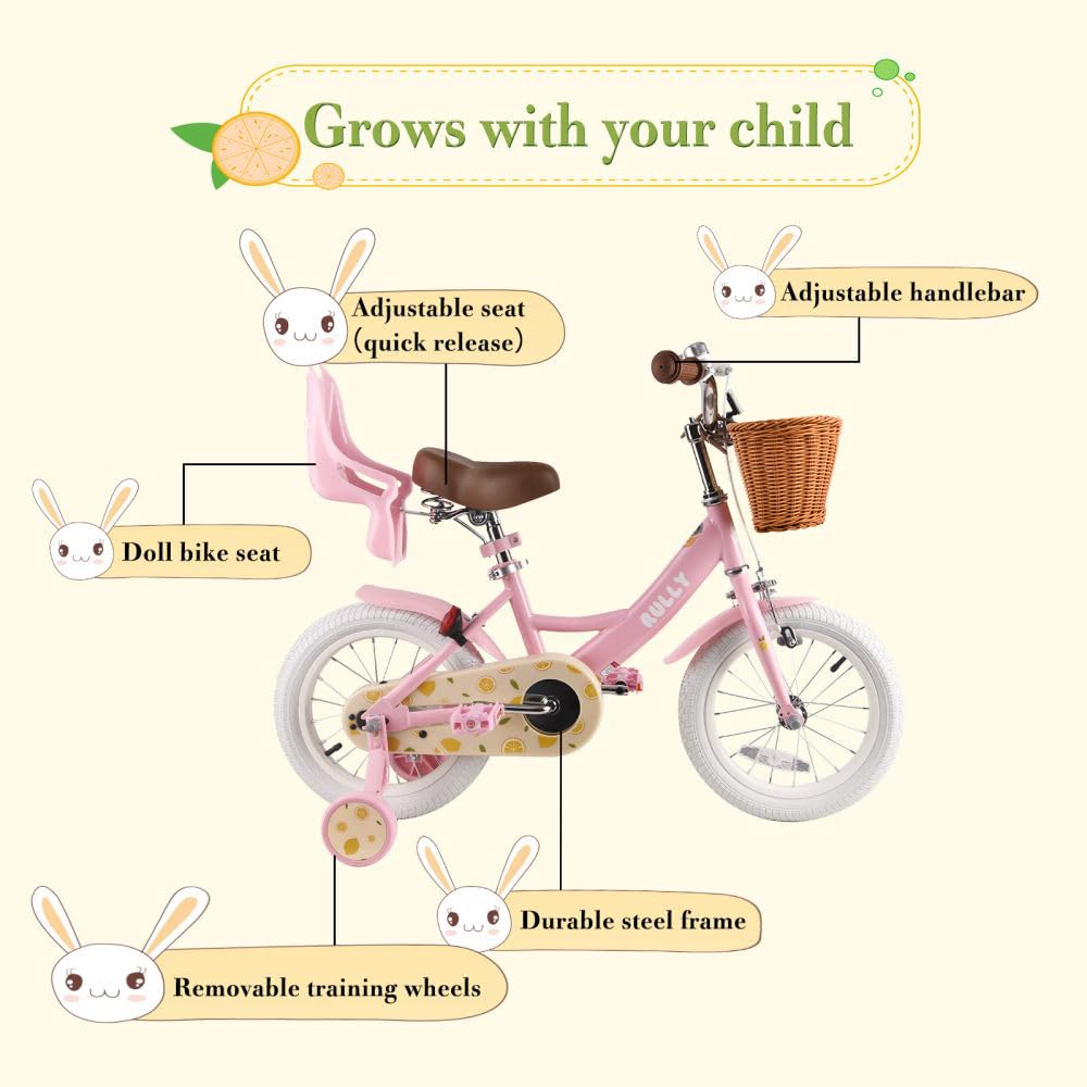 RULLY Lemon Kids Bike 12 Inch Bicycle for Girls Ages 2 3 4 Years, Training Wheels Included, Girl Bikes with Basket & Doll Seat,Pink
