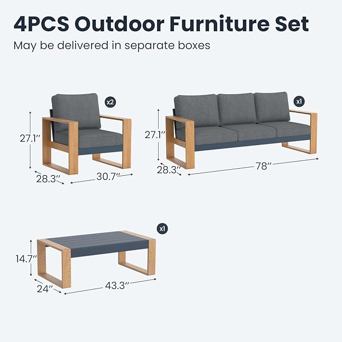 4 Pieces Aluminum Patio Furniture Set, Outdoor Conversation Sets with High Backrest Sofa and Coffee Table for Garden and Backyard