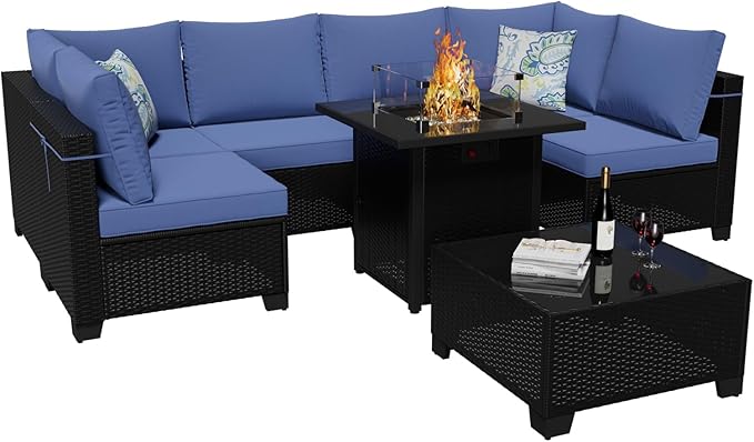 Ophelian 8 Piece Patio Furniture Set with Fire Pit Table, Wicker Outdoor Sectional Sofa, Patio Conversation Set for Backyard, Garden, Deck (Coffee/Blue)