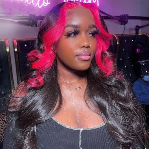 Zikria Skunk Stripe Wave Wig Ombre Lace Frontal Wig Human Hair Wigs 13X4 Pink Red 150% Density HD Transparent Lace 18 Inch