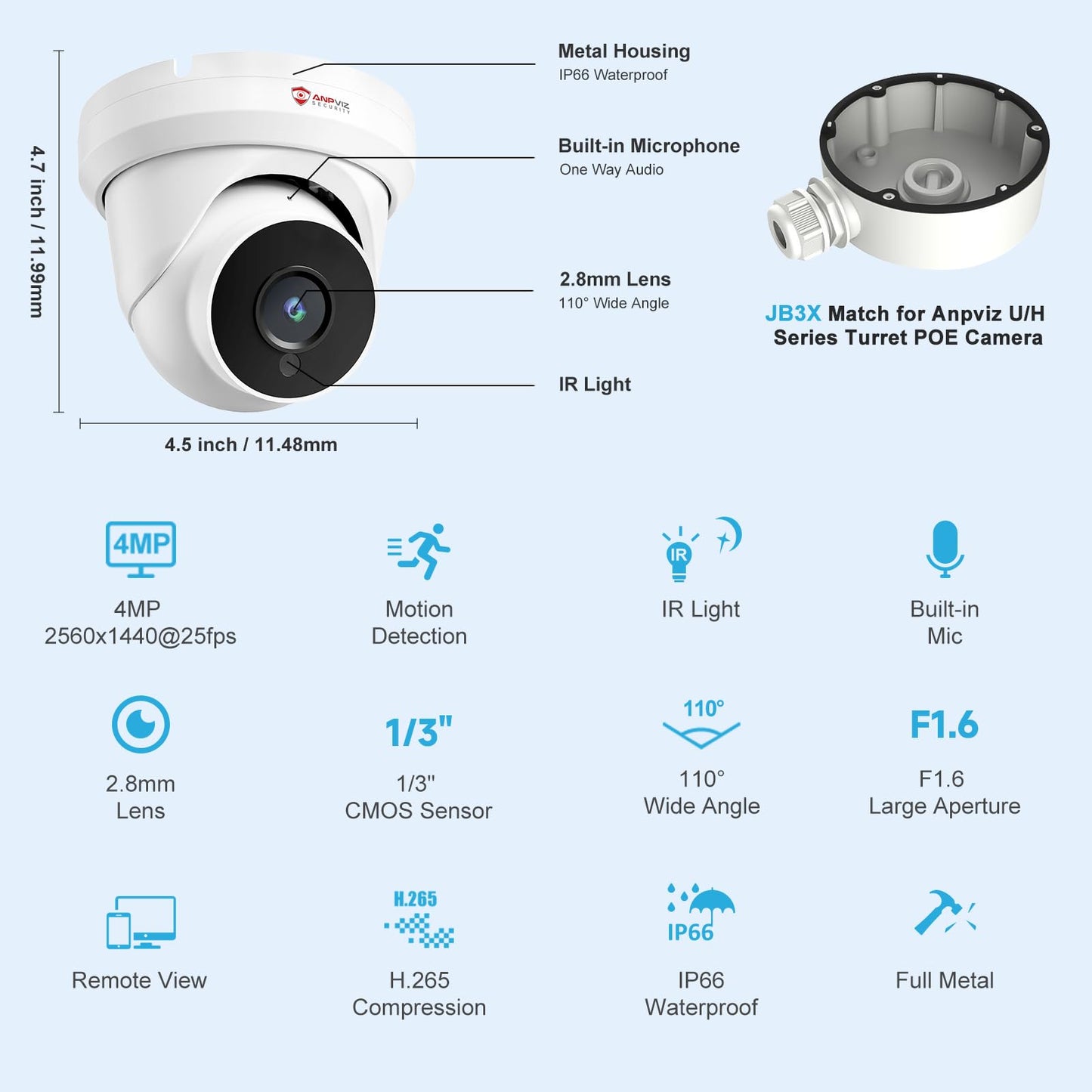 Anpviz 4MP PoE IP Turret Camera with Microphone/Audio, IP Security Camera Outdoor Indoor, Night Vision 50ft, Waterproof IP66, 108° Wide Angle 2.8mm Lens, 24/7 Recording, NDAA Compliant (U Series)