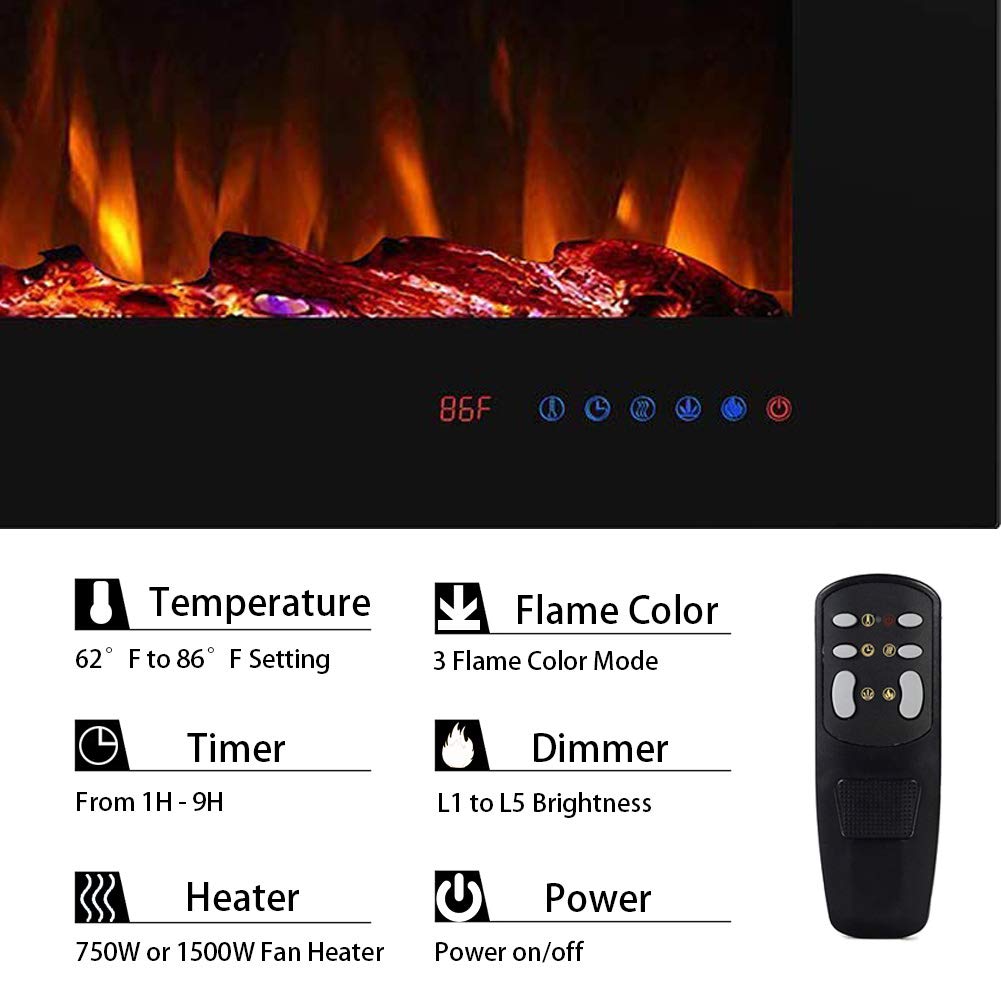 Masarflame 42 Recessed Electric Fireplace Insert, 5 Flame Settings, Log Set Or Crystal Options, Temperature Control By Touch Pan