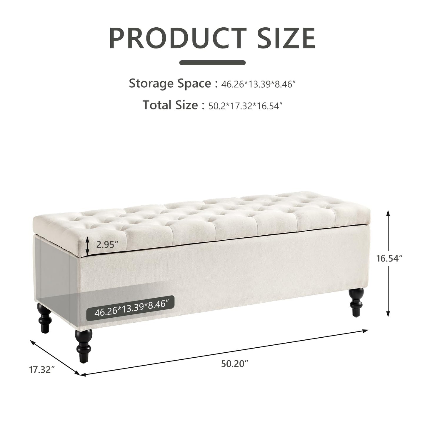 kinmars Ottoman with Storage,50.2-inch Upholstered End of Bed Storage Bench for Bedroom,for The Living Room,for Entryway, with Button and Safety Hinges,Detachable (White)