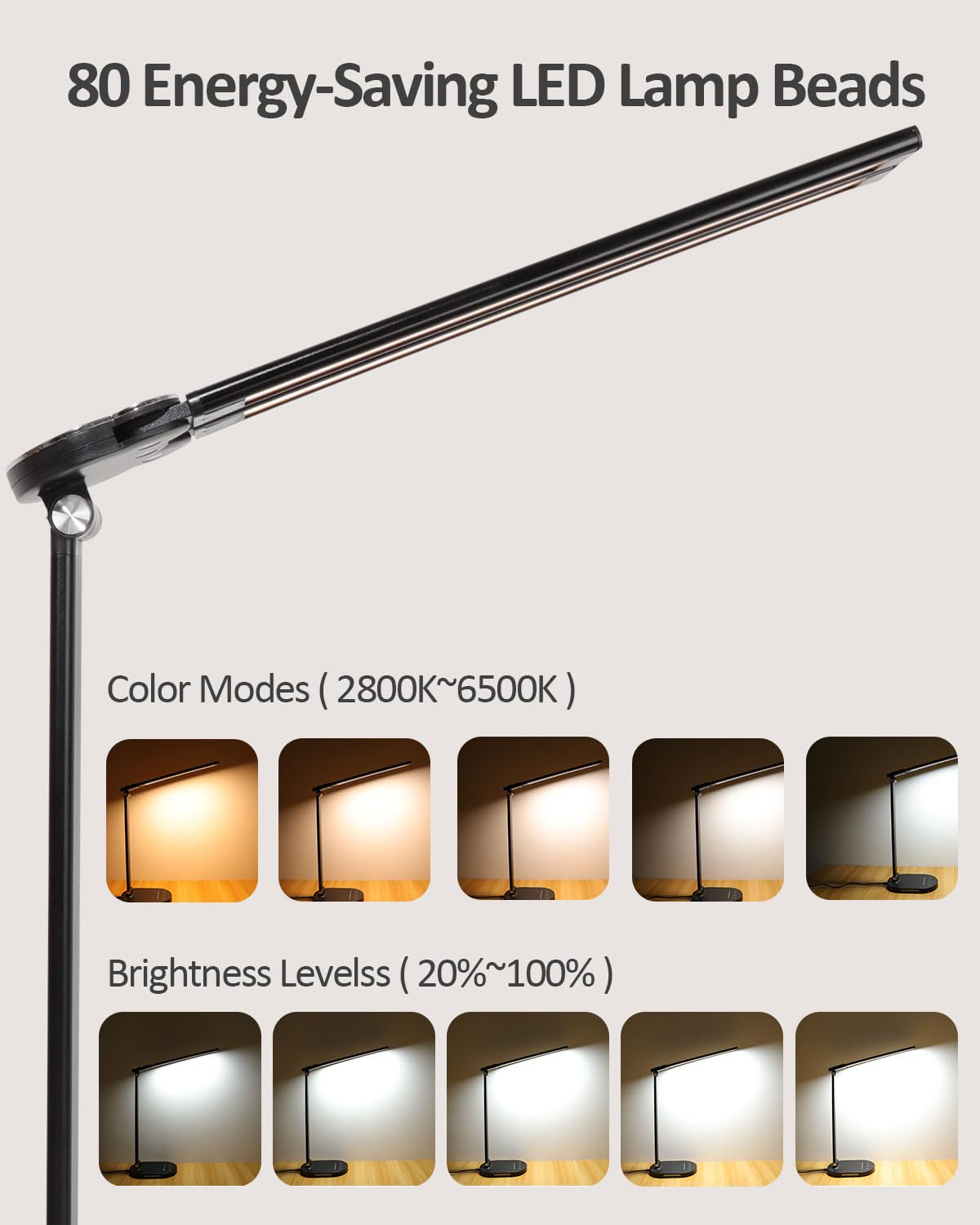 LED Desk Lamps for Home Office, 14W Double Swing Arm LED Desk Lamp with USB Charging Port, Eye-Caring Architect Task Lamp, Desktop Lamp with Night Light Table Light for Work Study Craft with Adapter