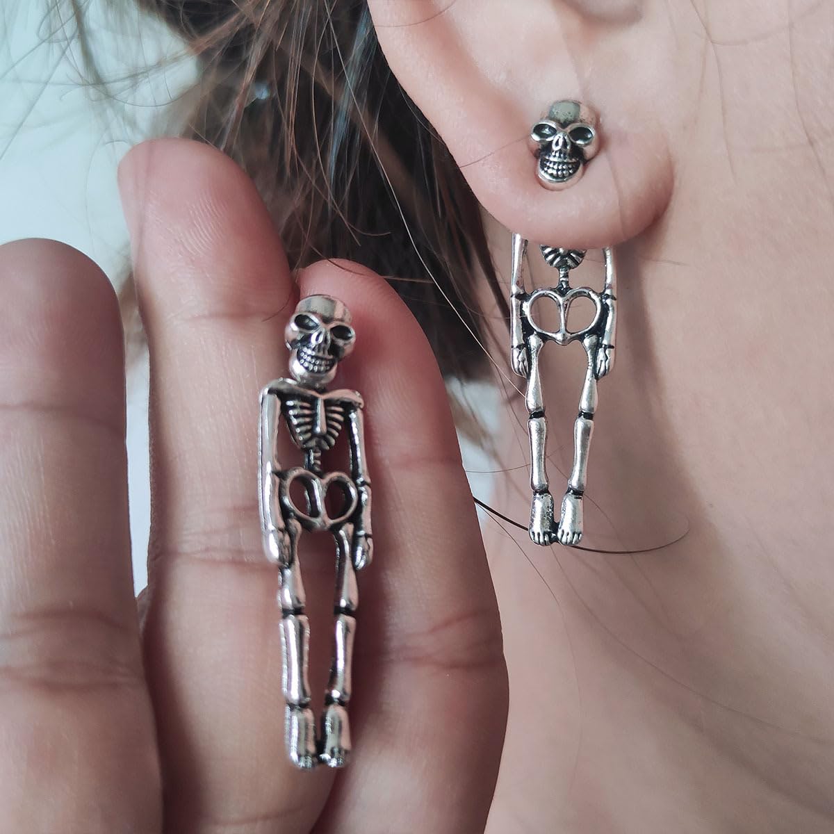 Gothic Skull Earrings Punk Skeleton Groom Bride Front Back Stud Earrings Halloween for Women Girl (Silver)