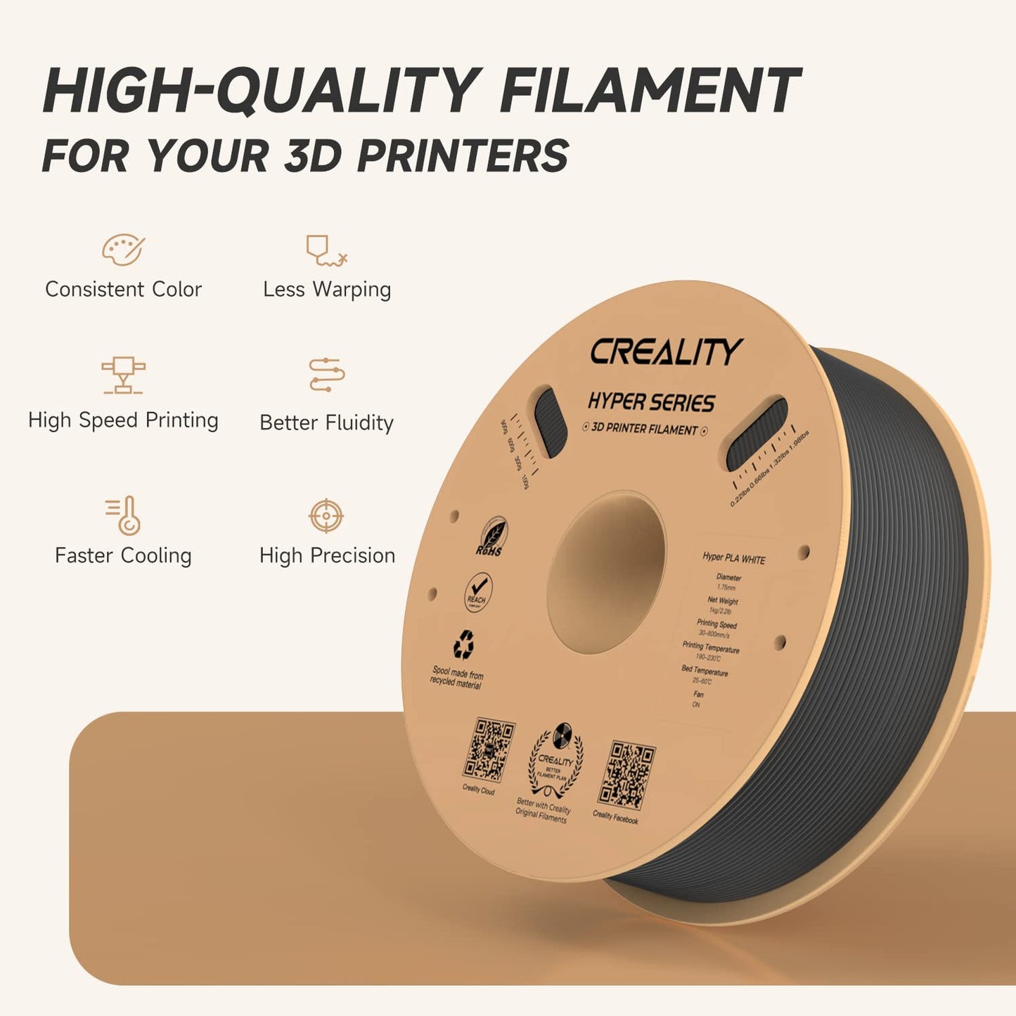 Official CREALITY Hyper PLA Filament 1.75mm, High Speed PLA 30-600mm/s Rapid 3D Printer Filament, Dimensional Accuracy +/-0.02mm, Fit Most FDM 3D Printers, 1KG(2.2lbs) Spool Black