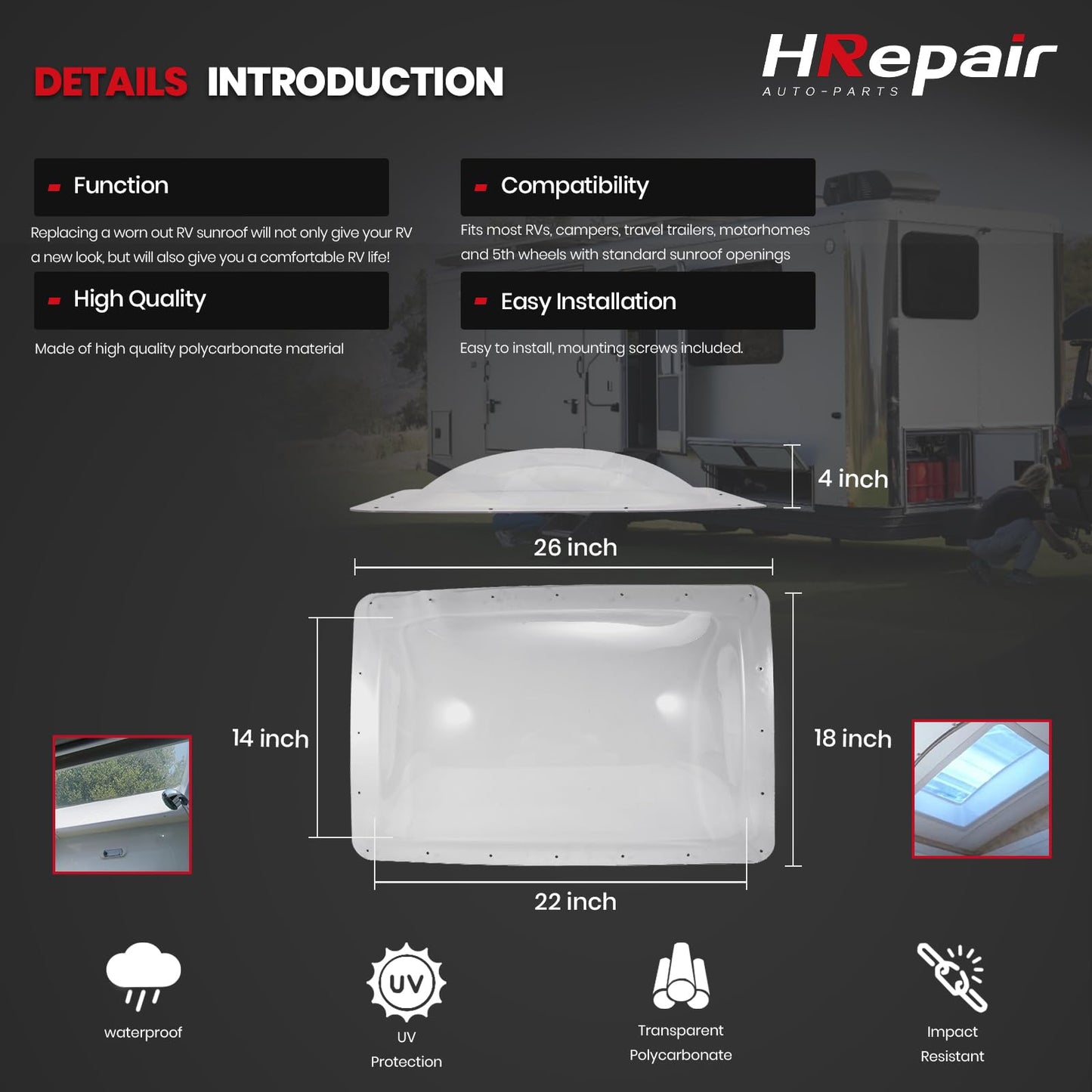 HRepair SL1422 RV Skylight Replacement,18" x 26" Camper Skylight fits Standard 14" x 22" Openings 16" x 26" Overall,RV Shower Bathroom Skylight Cover - SL1422C(Clear)
