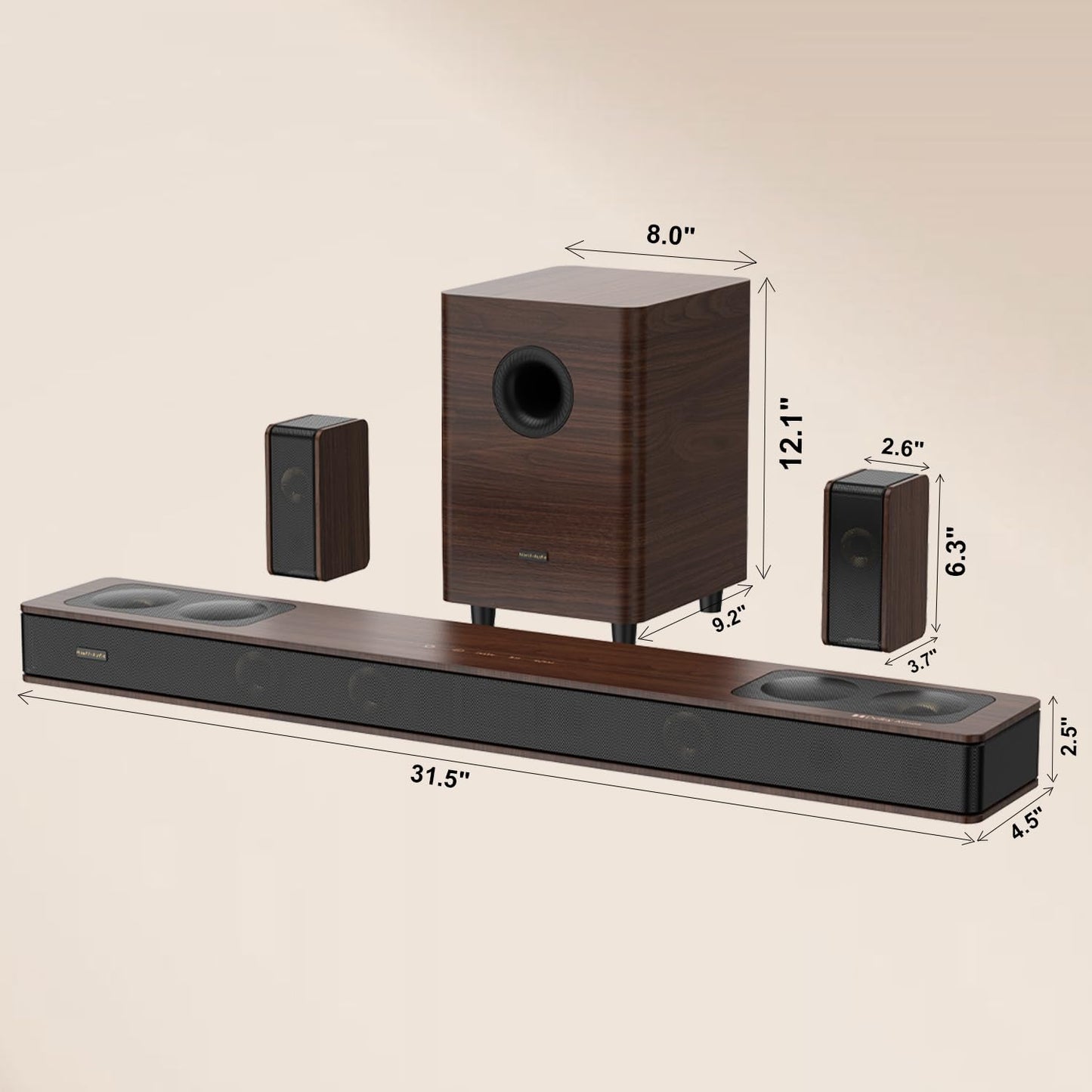 Hiwill-Audio Flagship 5.3.4 Surround Sound System with Dolby Atmos, Soundbar with 2 Wireless Surrounds, 28Hz BassCoupling Tech, 800W Home Theater Sound Bar for Smart TV w/eARC, BT 5.4, Color: Brown