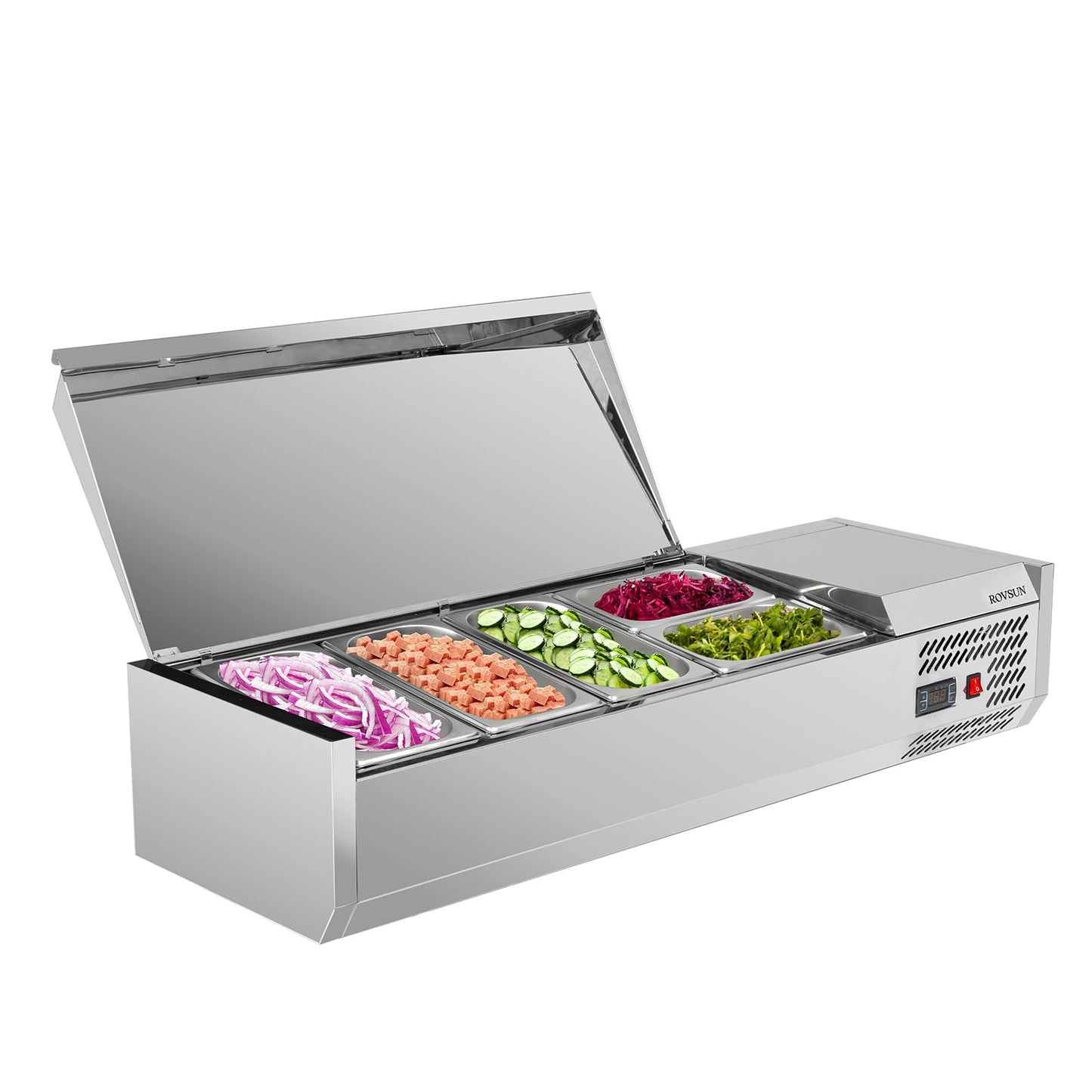 ROVSUN 47 Refrigerated Condiment Prep Station Sandwich Prep Table ETL NSF, 25.1QT Salad Bar Prep Rail w/Auto Defrost Temp Contr