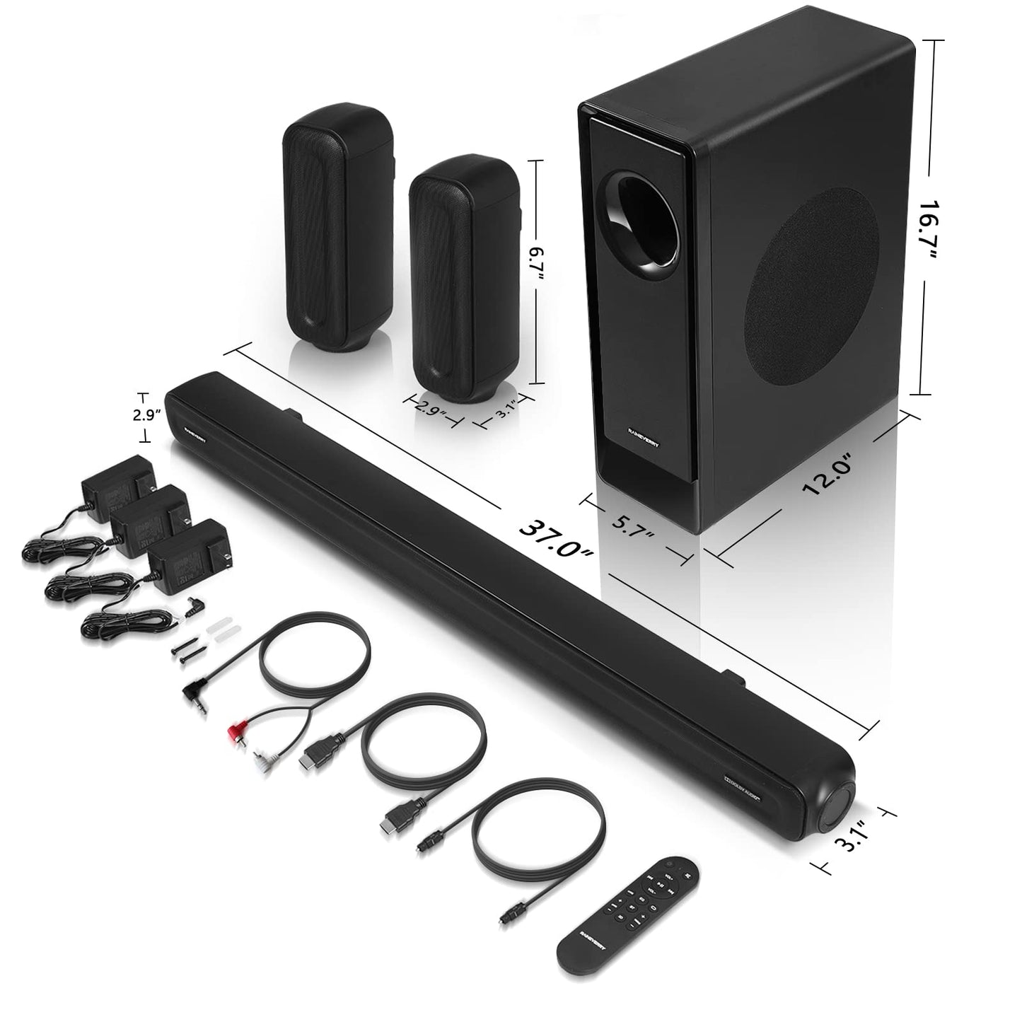 5.1 CH Surround Sound Bar with Dolby Audio, Sound Bars for TV, Wireless Subwoofer & Rear Speaker, Dolby Digital Plus, Bluetooth 5.3, Surround Sound System for Home Theater, 4K & HD TVs| HDMI & Optical