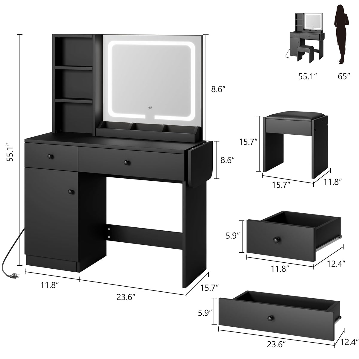 GarveeHome Makeup Vanity Desk with Mirror and Lights, Vanity Table Set with Drawer & Power Outlet & Chair & 3 Shelves, Bedroom, Black