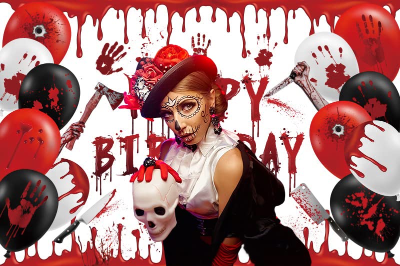 DASHAN Vinyl 7x5ft Halloween Horror Birthday Backdrop Vampire Zombie Killer Birthday Party Decorations Horror Handprint Blood Splatter Photography Background Vampire Evil Scary Party Photo Studio