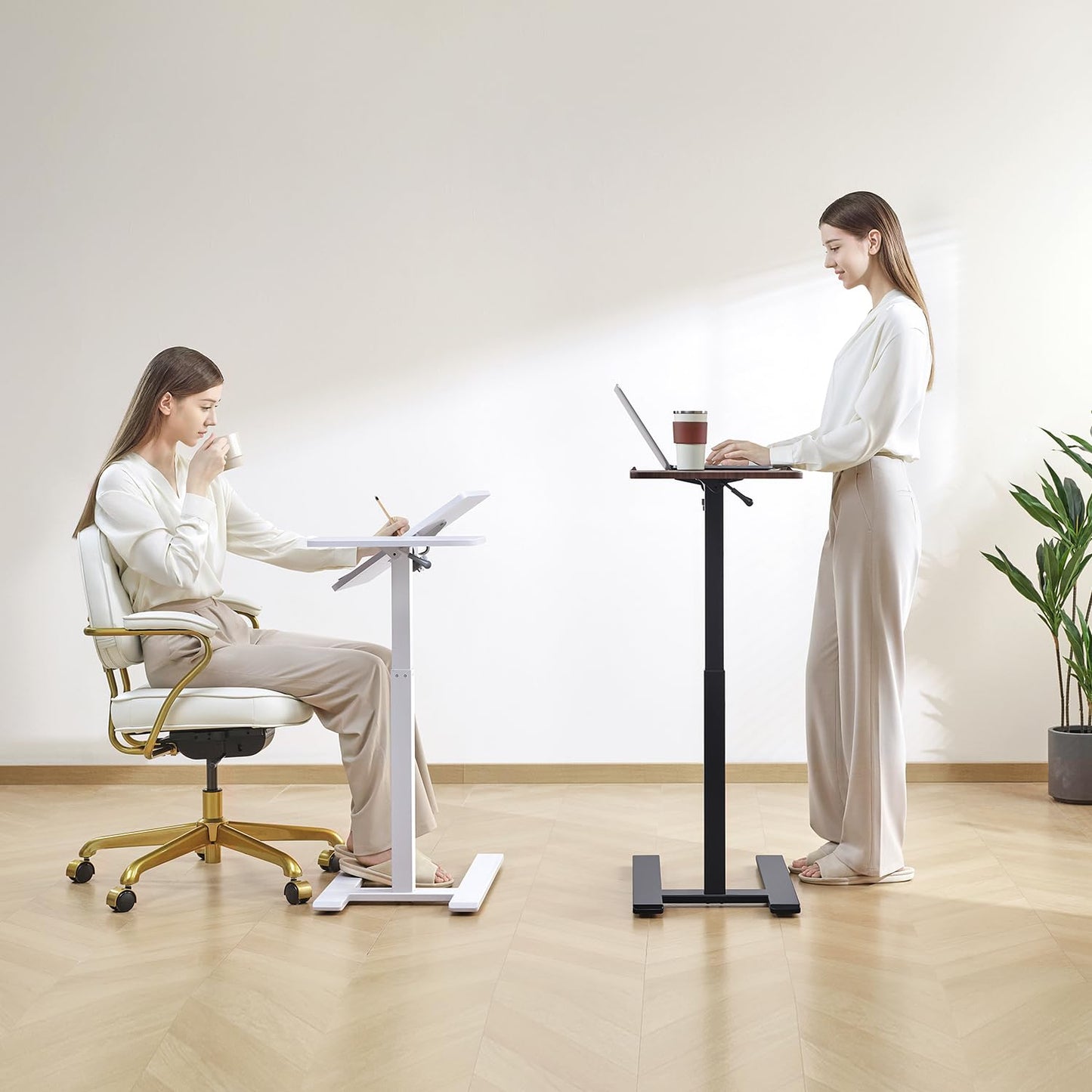 SIHOO D01 Medical Adjustable Tilt Overbed Bedside Table with Wheels Pneumatic Mobile Standing Laptop Desk Rolling Computer Cart Movable Bed Hospital Home Use (White Oak)