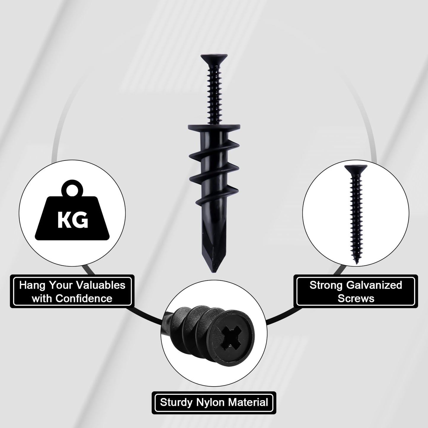KURUI 140PCs Black Self Drilling Drywall Anchors, #8 Dry Wall Anchors and Flat Head Screws Kit, 70 Anchors + 70 Screws, 75LB Heavy Duty Hanging for Picture Frames Wall Decor Art, Sheetrock Hangers