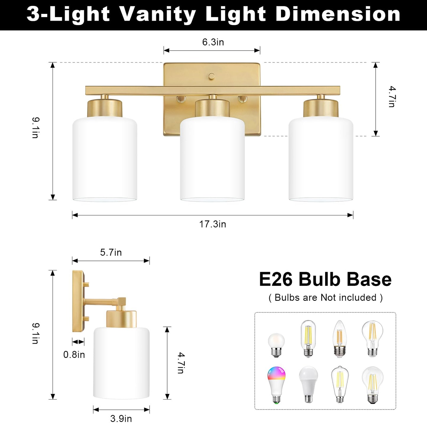 FonmYim Gold Bathroom Light Fixtures, 3-Light Modern Vanity Light Over Mirror, Wall Sconces with Milky White Frosted Glass Shades, E26 Socket (Bulbs Not Included)