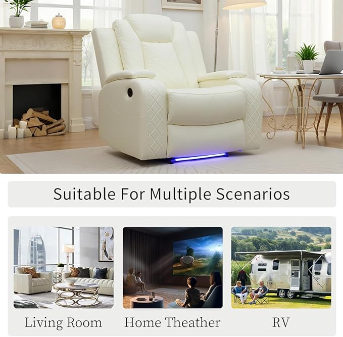 Toseslo Power Leather Recliner Chair Set with LED Light, Leather Reclining Set, Living Room Furniture Sets, Modern Power Recliner Sets for Living Room/RV/Apartment(Creamy White)