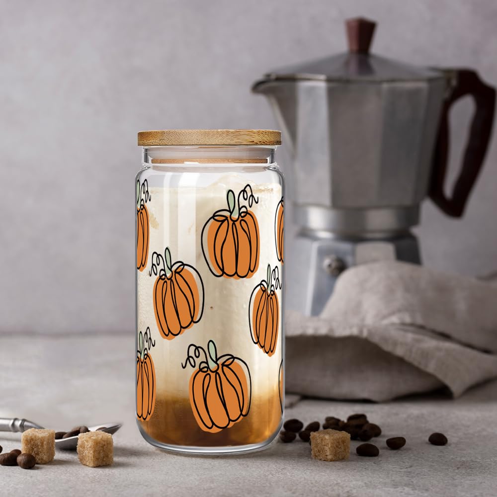 Fall Pumpkin Cup 16oz Glass Cups with Lids and Straws Halloween Iced Coffee Tumbler Gift for Friend and Her, Thanksgiving Tumbler Mug, Fall Gifts, Halloween Pumpkin Gifts for Women Best Friend Bestie