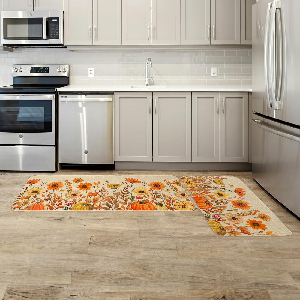 ARKENY Pumpkin Sunflower Fall Kitchen Mats Set of 2, Autumn Kitchen Mats for Floor,Thanksgiving Non Skid Washable Kitchen Rugs and Mat - 17x29 and 17x47 Inch-AKM078