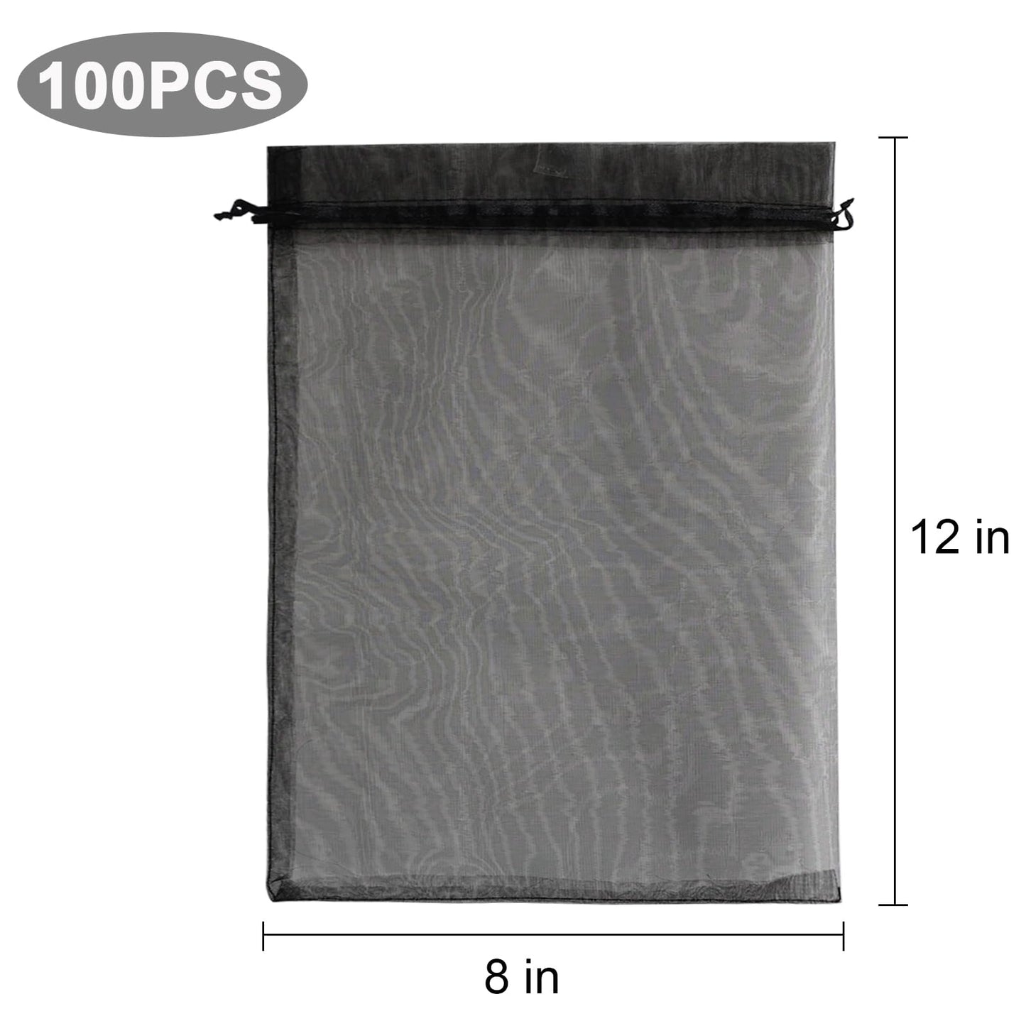 Uigidori 100 Pcs Premium Organza Bags, 8 x 12 Inches Sheer Organza Gift Pouches with Drawstring, Large Mesh Favor Bags for Wedding Favors, Party, Jewelry, Christmas, Makeup Wrapping Supplies (Black)