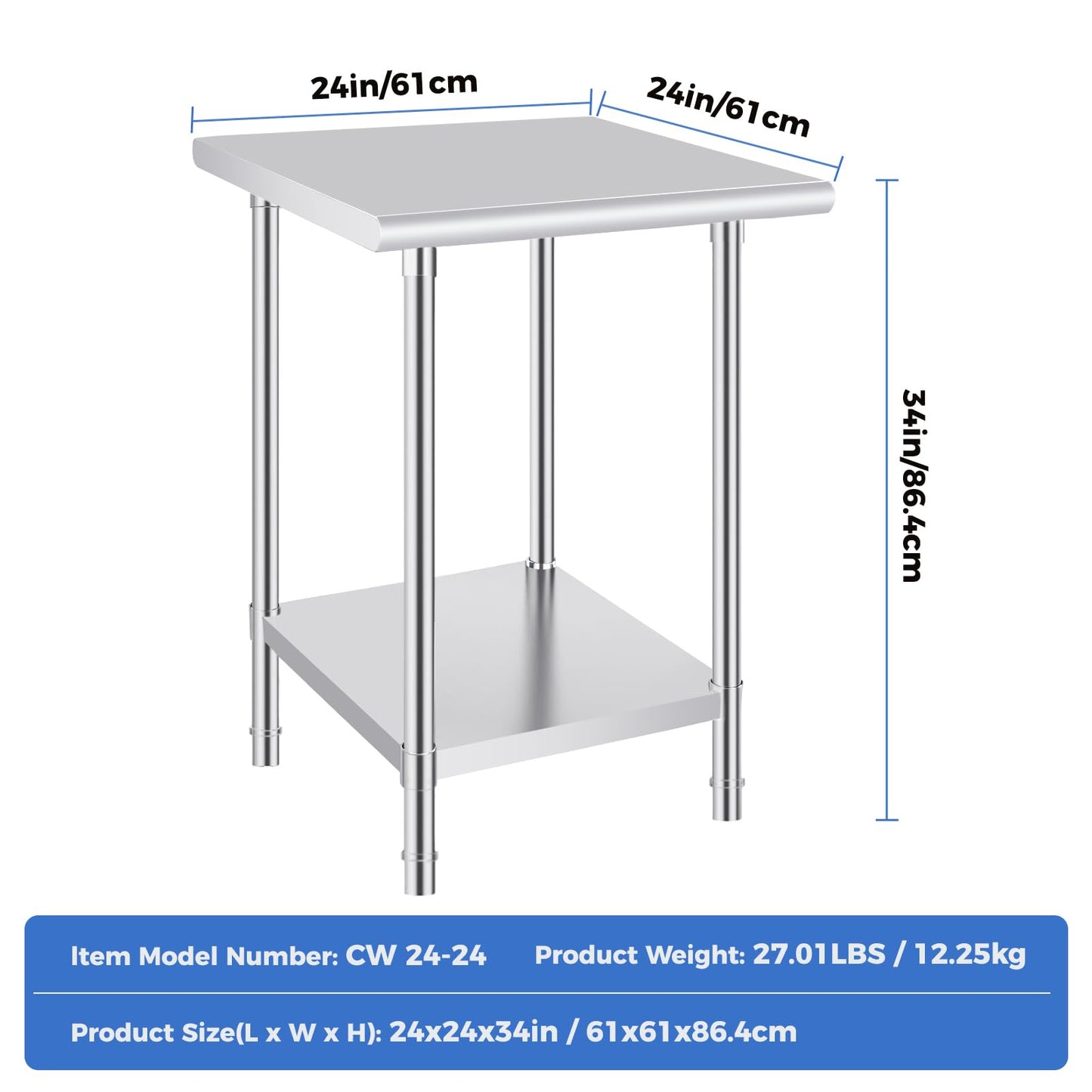 OSTBA Stainless Steel Table for Prep & Work 24x24 Inches, NSF Metal Commercial Heavy Duty Table with Adjustable Undershelf and Adjustable Foot for Restaurant Kitchen Home and Hotel