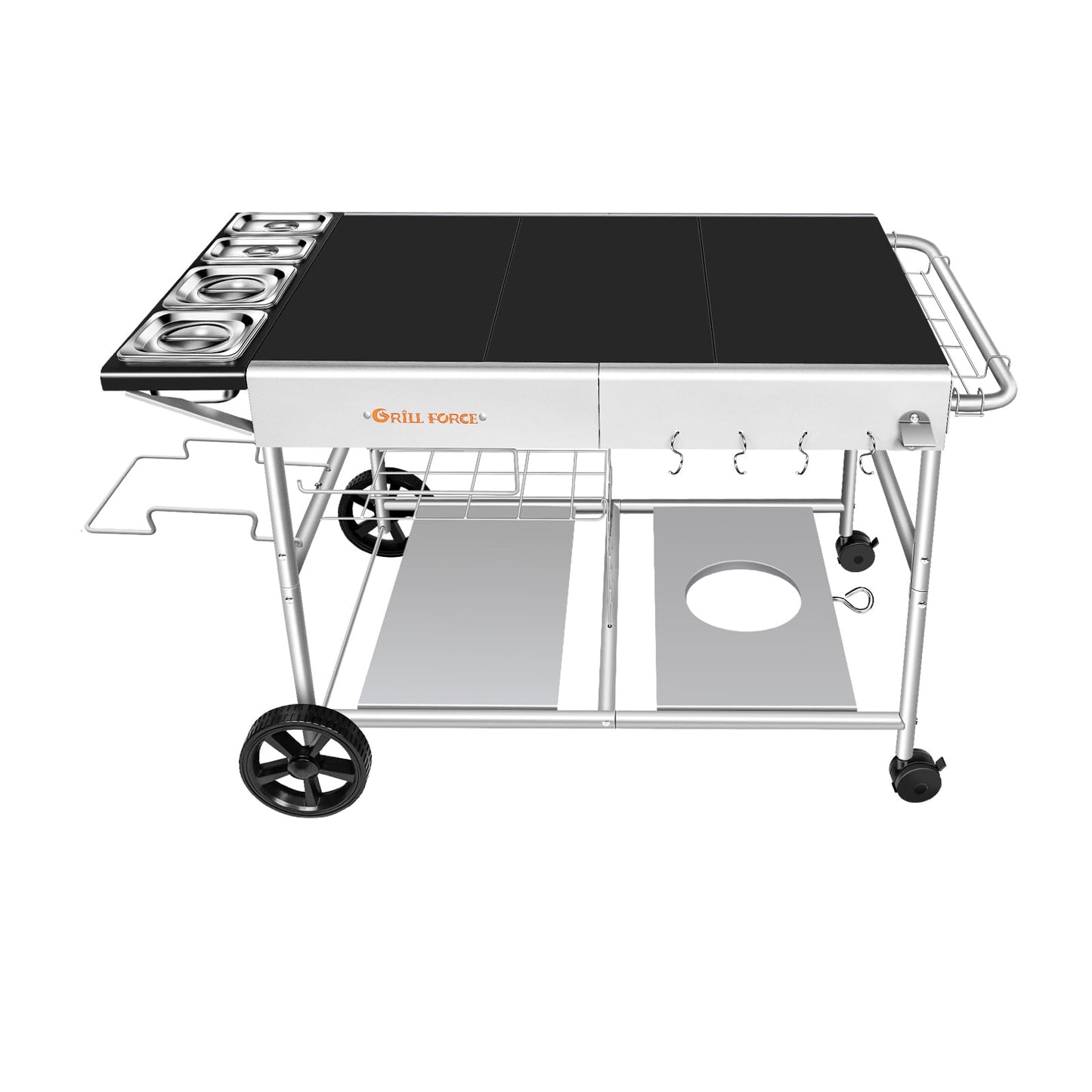 GRILL FORCE Pizza Oven Table with Topping Station, Outdoor Pizza Oven Cart, Grill Table for Outside, Grill Cart, Food Prep Work cart Fits for Ninja Woodfire Grill, Blackstone Griddle,Tabletop Grill