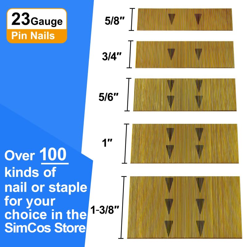 SimCos 23 Gauge Pinner Nails (5/8",3/4",5/6",1",1-3/8") Assorted 5 Sizes' Headless Pin Nails for 23 GA Pneumatic or Electric Pinner or pin Gun,Project Pack (5/8"+3/4"+5/6"+1"+1-3/8" -5000 pcs)