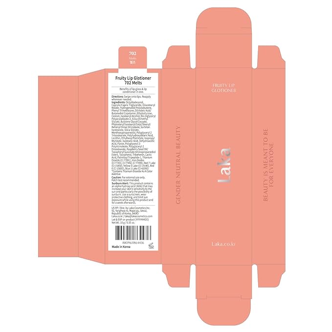 Laka Fruity Lip Glotioner, 10ml/0.33 fl.oz, Lip Gloss with High Shine Vivid Colors, Jelly tip for Hygienic & Easy Application, K-Beauty (#702 Melts)