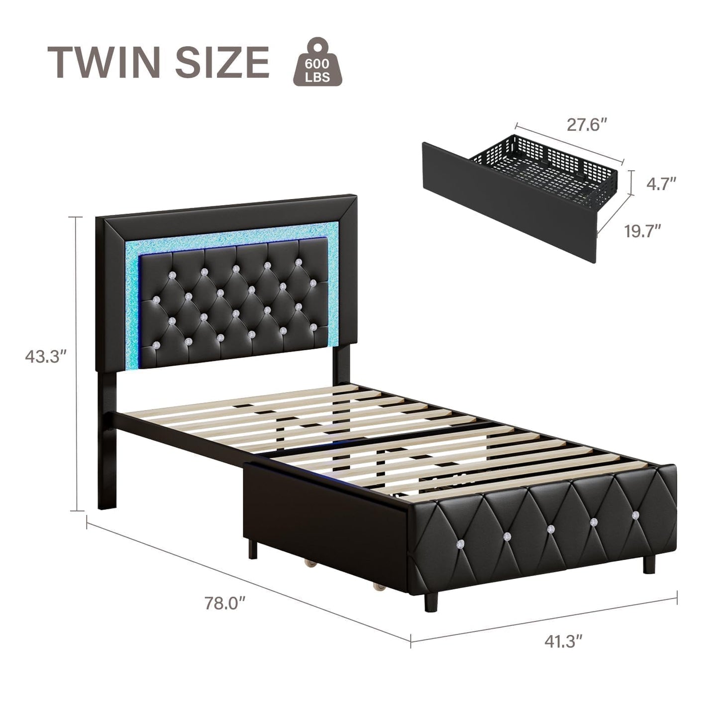 Twin Bed Frames with LED Lights and Storage Drawers, Upholstered Bed Frame with Diamond Headboard, Faux Leather Modern Platform Bed, Wooden Slats Support, No Box Spring Needed, Black