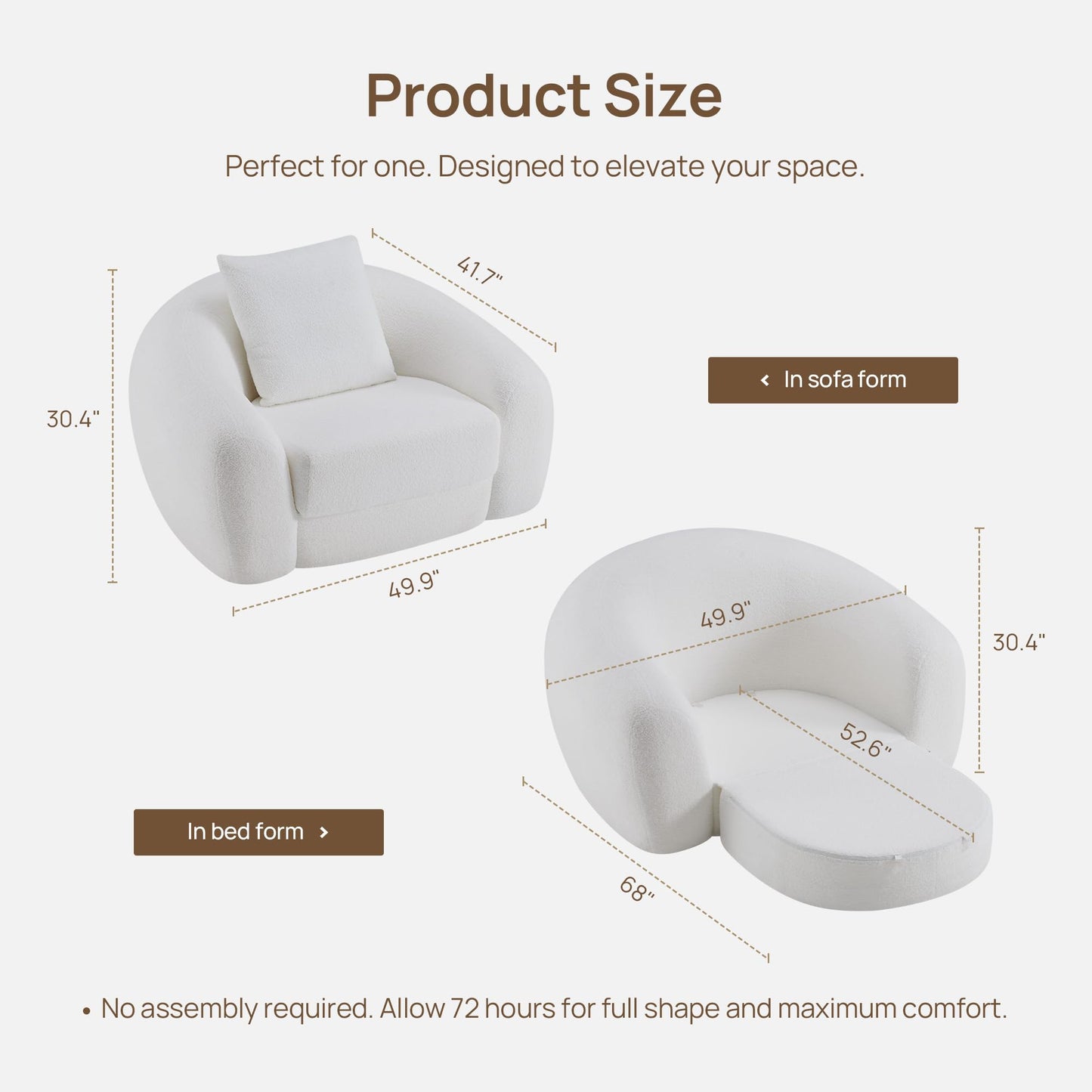 SICOTAS Sofa Couch Bed for Living Room Futon Cloud Boneless Sleeper Chair Pull Out Convertible Floor Couch in a Box with Deep Seet Single Sofa Foam Lounger No Assembly for Bedroom Apartment, White