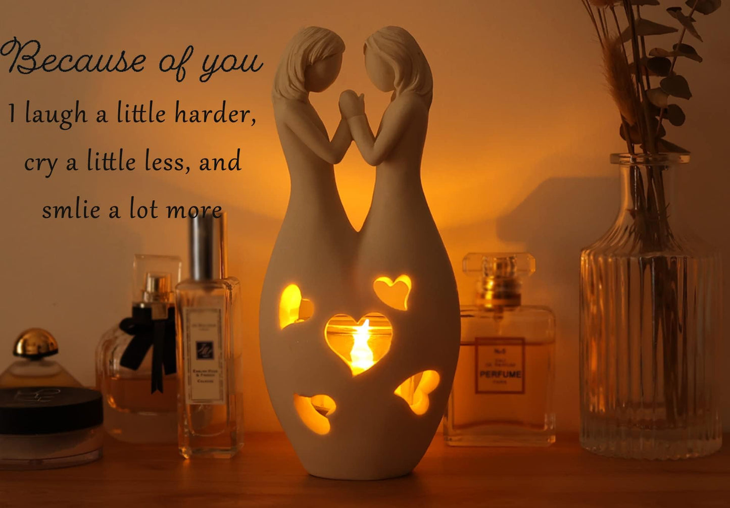 DREAMORIE Sisters Birthday Gifts from Sister, Polyresin Candle Holder Statue - W/Flickering Led, Unique Birthday Gifts for Women Friends BFF Bestie Female, Anniversary Present for Girlfriend