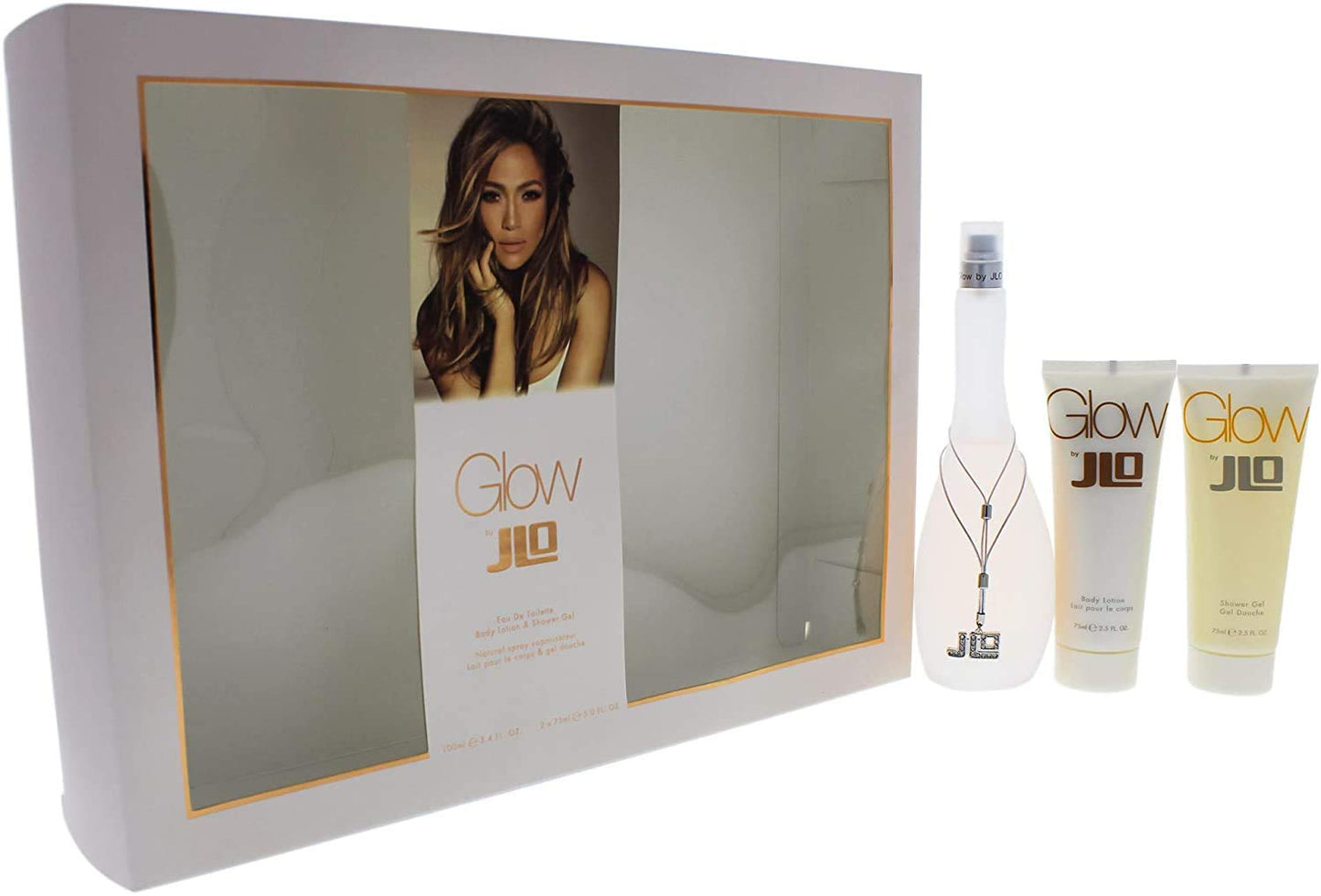 Jennifer Lopez Glow 3 Pc. Gift Set (Eau De Toilette Spray 3.4 Oz + Body Lotion 2.5 Oz + Shower Gel 2.5 Oz) for Women By Jennifer