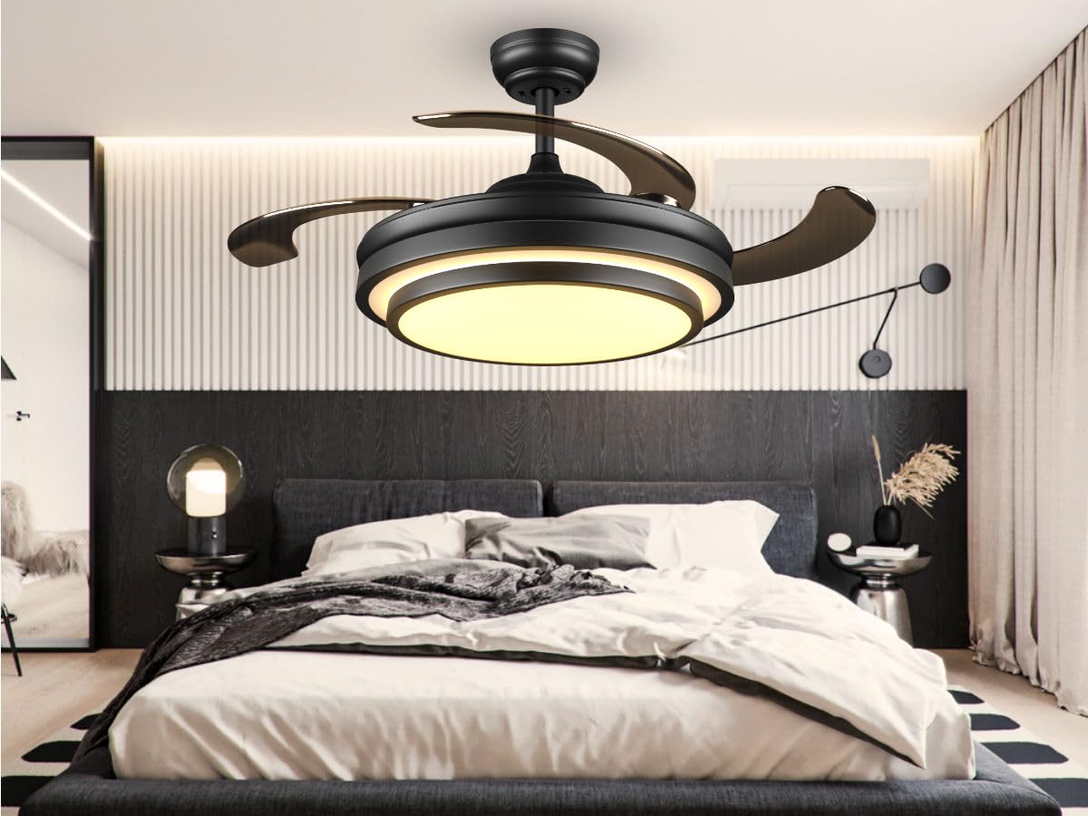 42 Inch Black Modern Ceiling Fan with Lights and APP Control,Retractable Fandelier Celing Fan with Light, 6 Speed,Light Dimmable Memory,Silent Reversible Motor for Bedroom Kitchen Living Room
