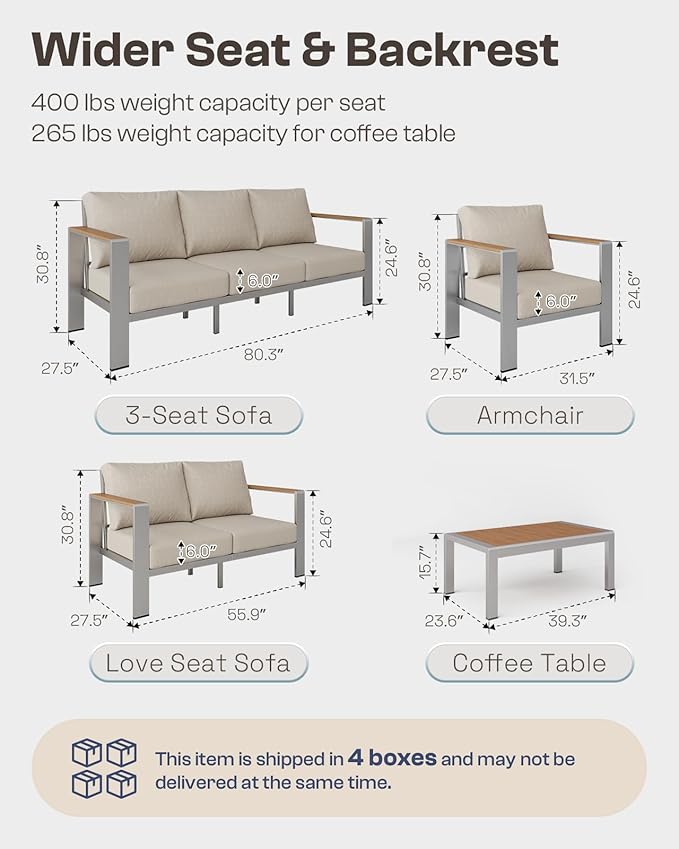 Oasbira Aluminum Outdoor Patio Furniture Set with Coffee Table, 5 Piece Outdoor Conversation Sets with Washable Thick Cushions, Patio Sectional Furniture Set for Porch, Lawn, Garden, Silver