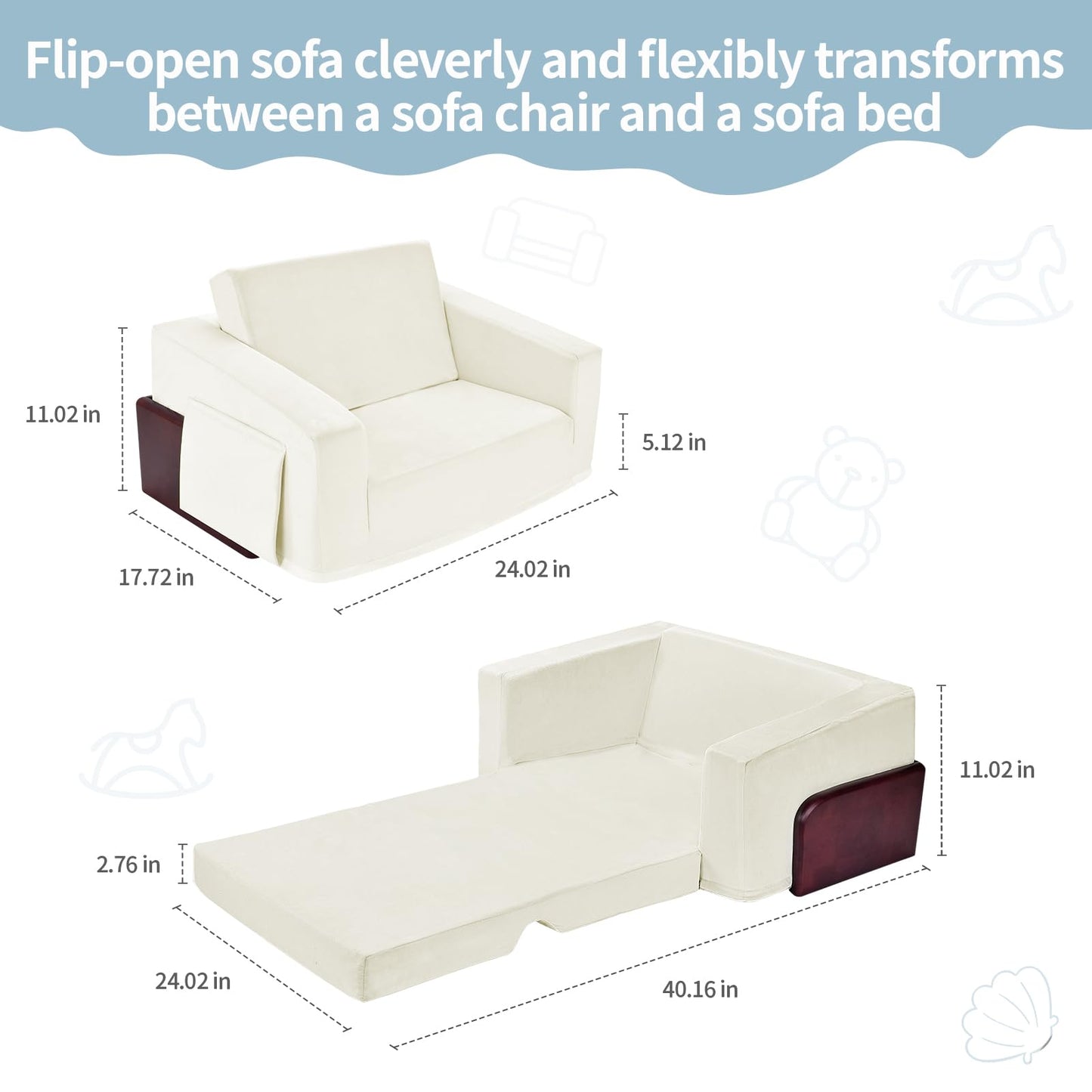 UBINGSOPA Kids Couch, 2-in-1 Sturdy Soft Toddler Couches That Fold Out for Playroom, Kids Chairs Comfy Toddler Wooden Frame