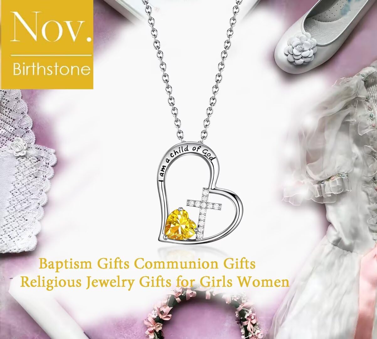 Birthstone Cross Necklace for Kids Girls Baptism First Communion Gifts I Am a Child of God Easter Birthday Christmas Gifts Littl