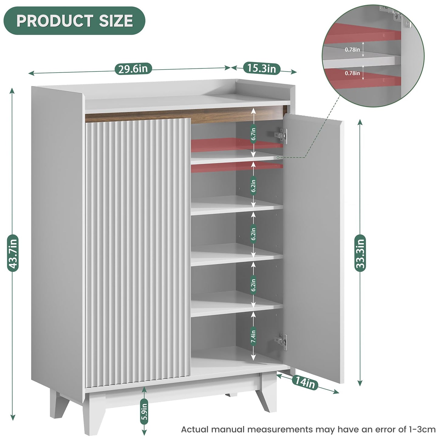 Tablyfurny White Shoe Cabinet for Entryway, 5-Tier Shoe Storage Cabinet with Doors and Shelves, 43.7" Tall Fluted Shoe Storage Organizer Cabinet, Wooden Shoe Rack Organizer for Hallway Closet