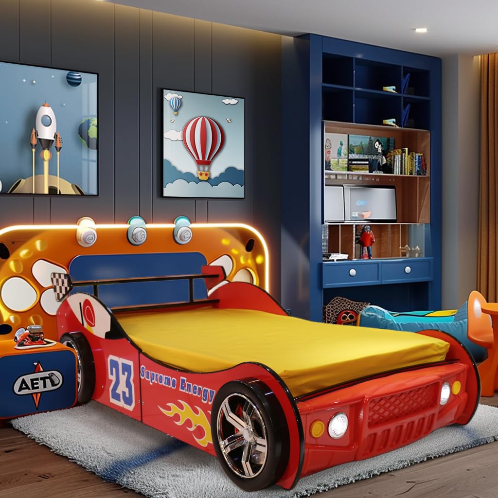 LKTART Twin Size Car Bed for Kids, Race Car-Shaped Wooden Platform Bed Frame with Headboard Wheels and Support Slats for Boys Toddlers Child's Bedroom (Red)