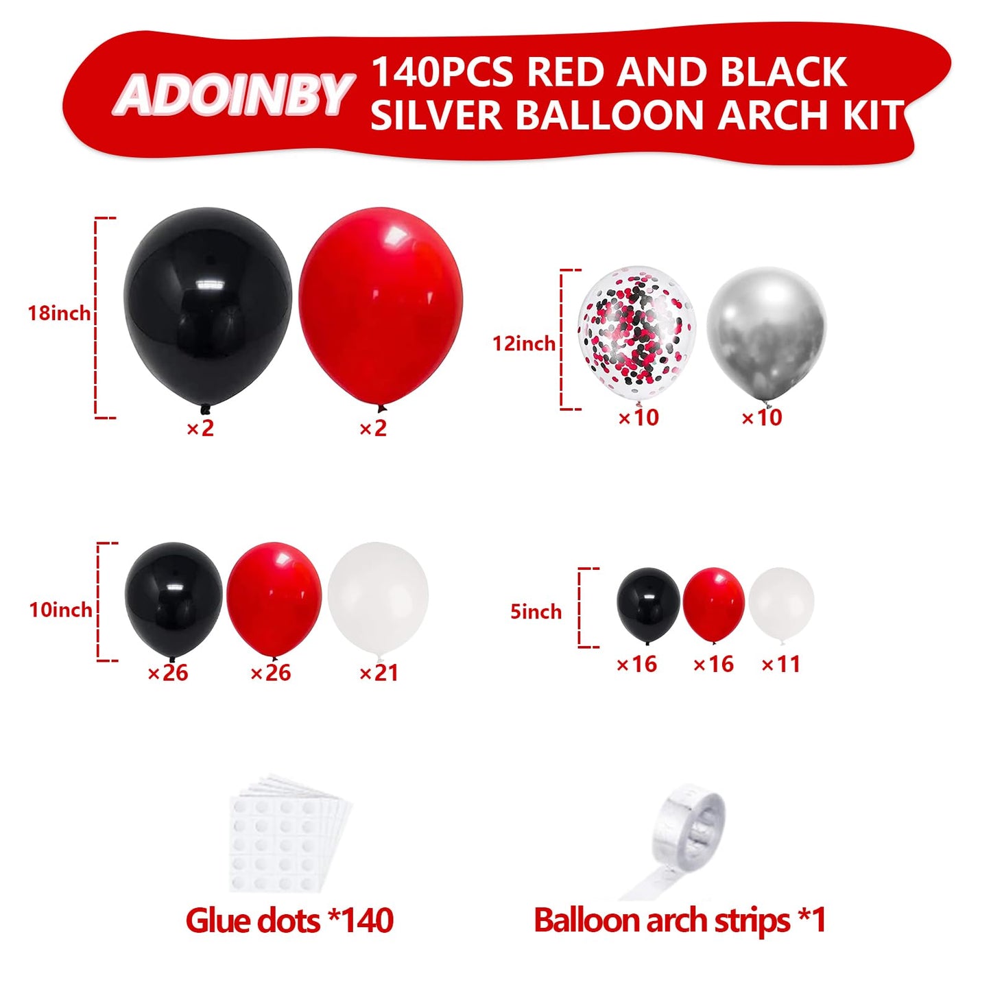 Red Black and White Balloon Arch Kit, ADOINBY 140Pcs Red and Black White Silver Garland kit, 18 12 10 5 Inch Different Size Balloons for Birthday Party Anniversary Racing Car New Year Prom Decorations