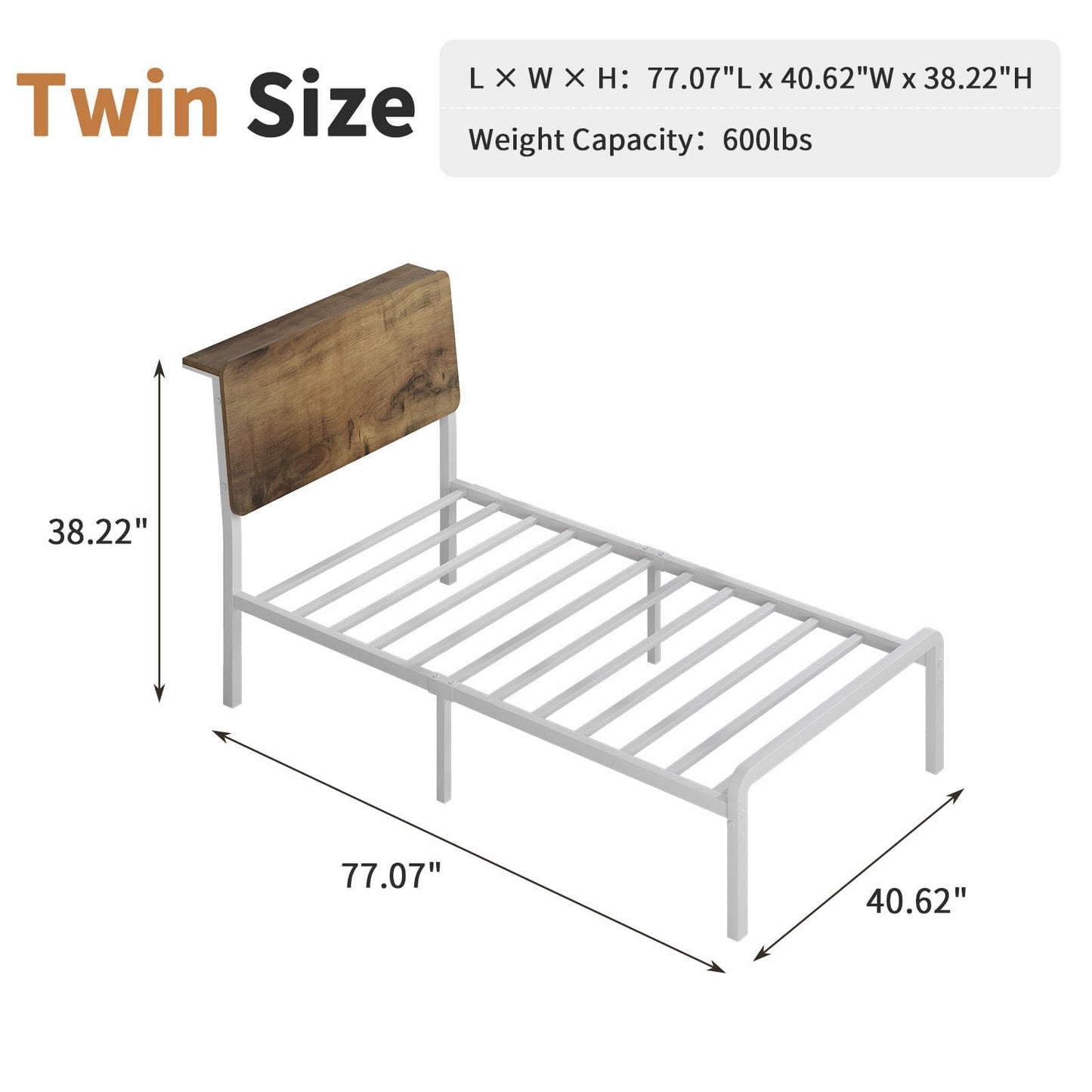 MaverickFurni Twin Bed Frame, LED Bed Frame with Storage Headboard, Metal Platform Bed Twin Size, Heavy Duty Metal Slats, No Box Spring Needed, Easy Assembly, White and Walnut
