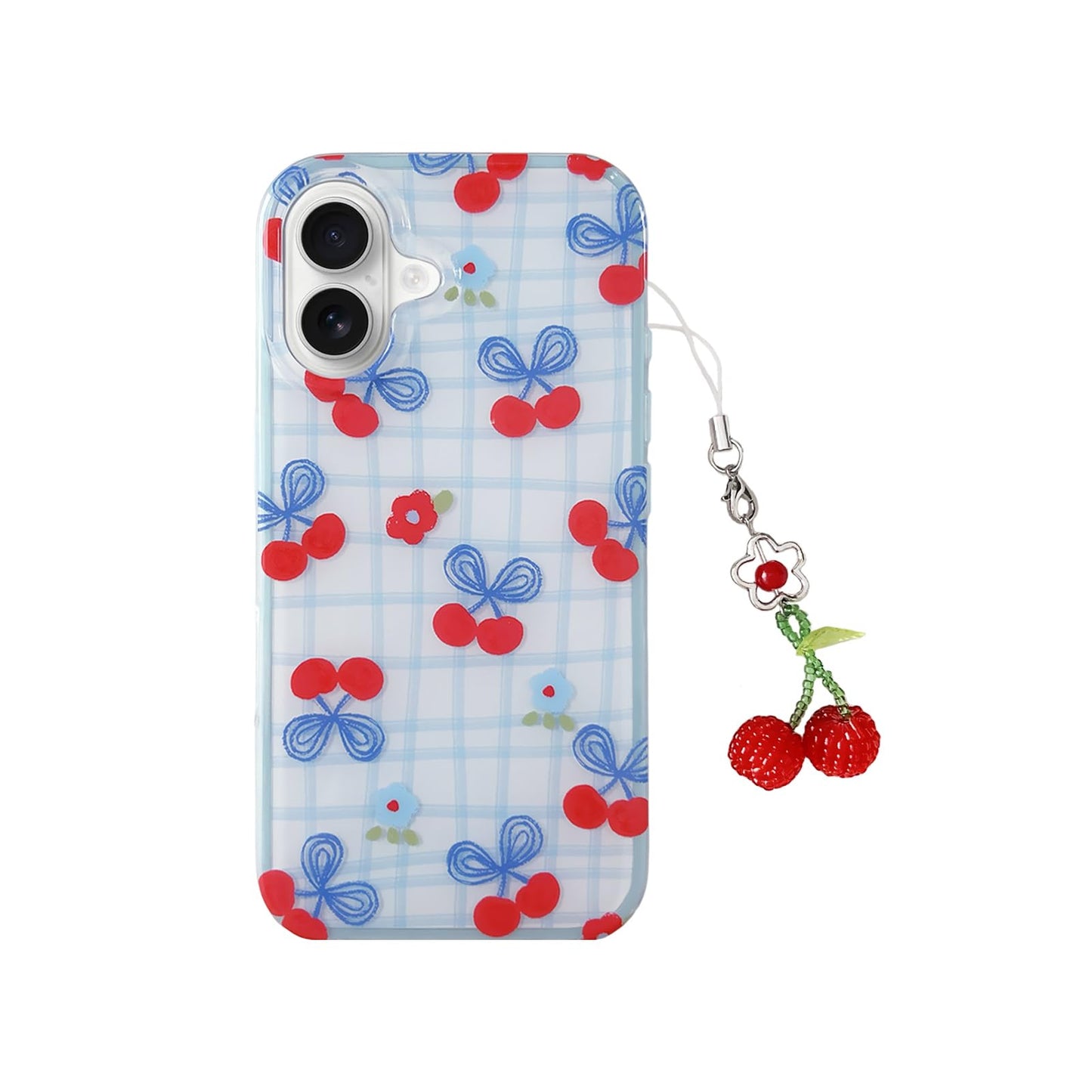 Cherry Blue White Checkered Phone Case with Charm for iPhone 13 6.1in,Cute Chic Plaid Striped Aesthetic Design Gloss Clear Prote
